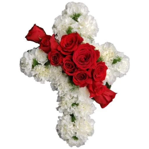 Cruz funebre de claveles y 12 rosas